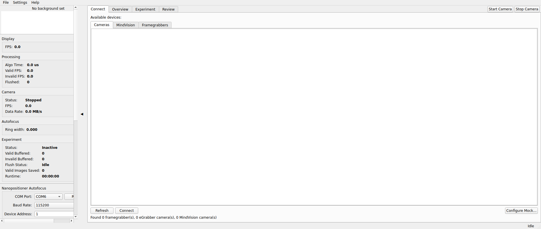 Connect tab on startup (mock camera configured)